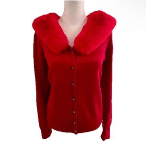 Tahari Red Knit Cardigan Valentines Sweater Faux Fur Collar Button Front Size M
